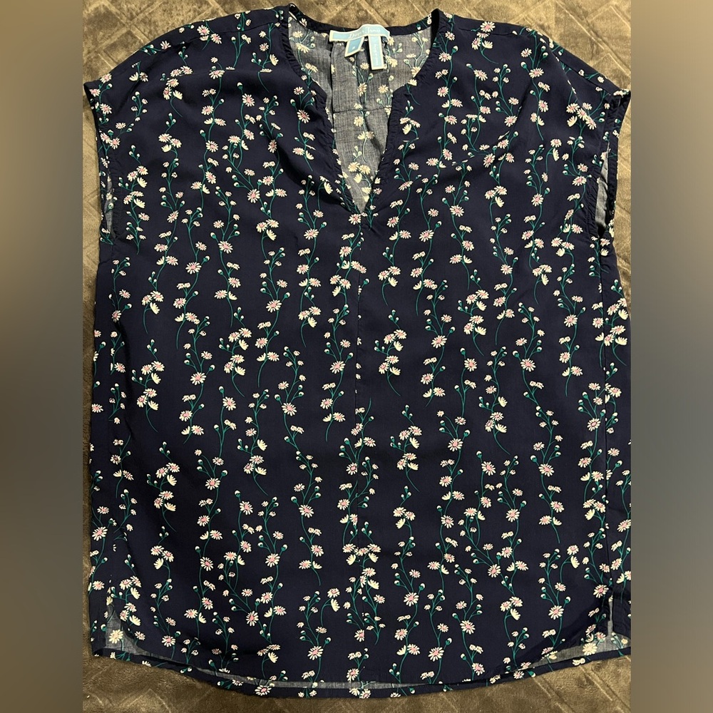 Draper James Popover Top Womens Size 2 Blue Floral V Neck